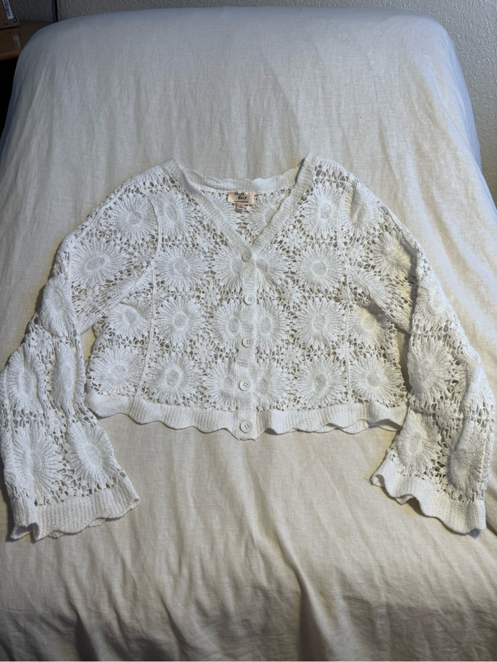 Cropped White Crochet Button-Front Cardigan Sweater